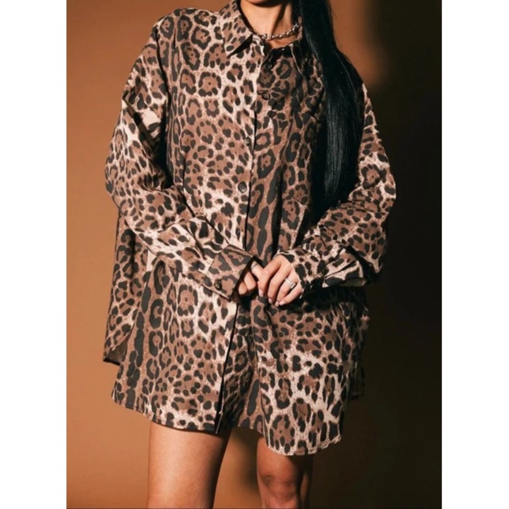 Dressed In Lala Soul Searching Ultra Oversized Button Up in Leopard Shirt L/XL